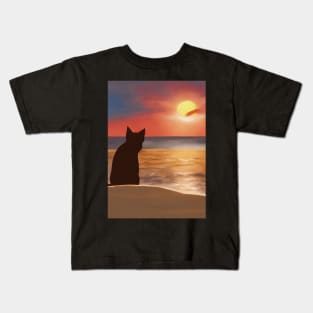 Cute Cat Watching Sunset Scene Kids T-Shirt